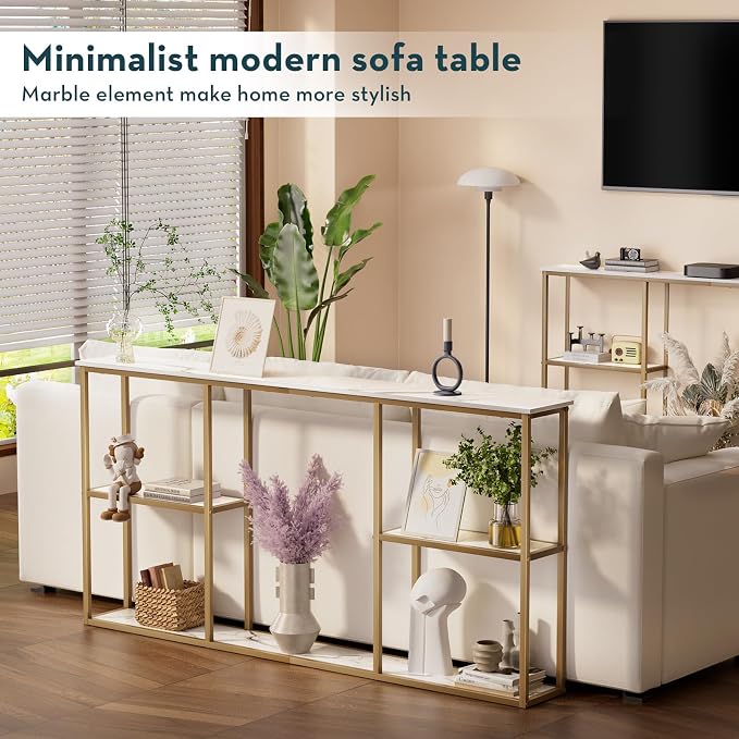 WOHOMO Gold Console Table, 3-Tier Small Entryway Table for Hallway, Narrow Sofa Table Behind Couch for Living Room, Entrance (63 inch)