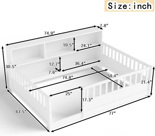 Bellemave Full Size Montessori Floor Bed with Bookcase, Full Size Floor Bed with Rails and Storage Shelves, Easy Assemble Montessori Beds Frame for Girls, Boys, White
