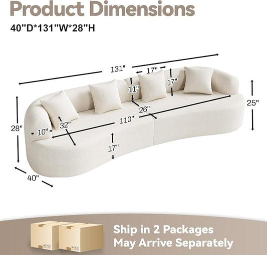 131" Curved Modular Sectional Sofa for Living Room, Modern Chenille Oversized Cloud Couch Sofa, Luxury Plush Extra Deep 4-Seater Boucle Couch for Apartment, No Assembly Required, Cream White