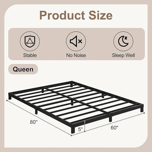 Cieemine 5 Inch Low Queen Bed Frame, Heavy Duty Bed Frame Queen Size Low Profile, No Box Spring Needed, Easy Assembly, Noise Free, Black