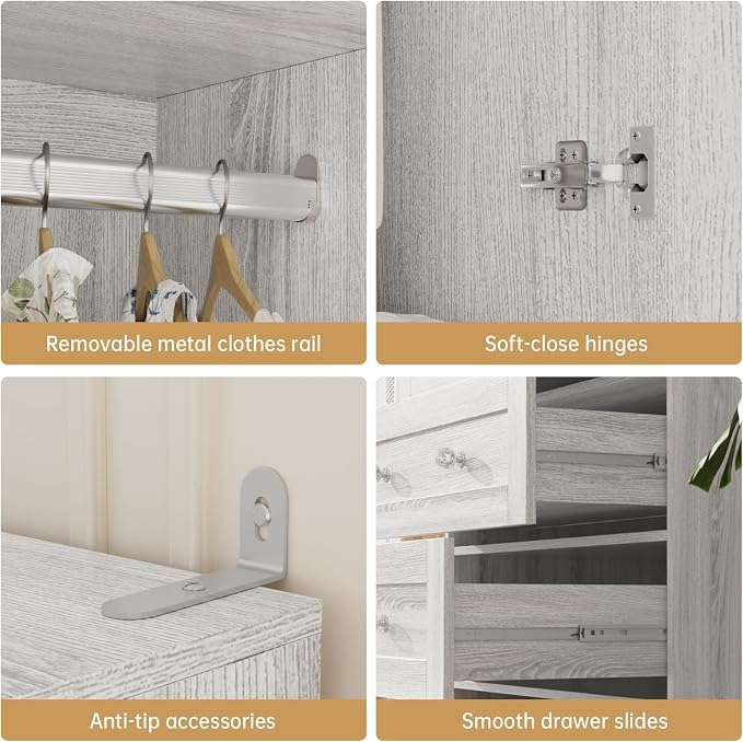 VOWNER Armoire Wardrobe Closet with Drawers and Mirror, 71" Clothing Storage Cabinet with Hanging Rod, 2 Doors Wooden Wardrobe Cabinet for Bedroom, Large Capacity Storage
