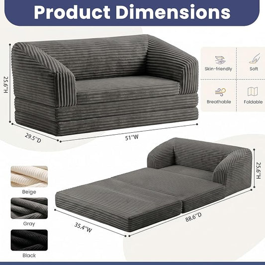 JUIKURY Convertible Sofa Bed, 3-in-1 Foldable Loveseat Couch with Armrest, Corduroy Floor Sofa & Sleeper Bed, No Assembly High-Density Foam Futon Mattress for Living Room, Small Apartment, Dorm