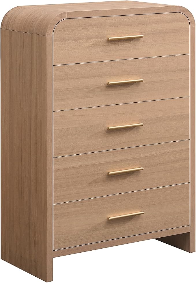 Curved 5 Drawer Dresser for Bedroom, 31'' Wide Chest of Drawers, Modern Storage Cabinet for Hallway & Living Room TV Stand, FSC Certified 1.18" Thick Board, 100 lbs Top Weight, Oak
