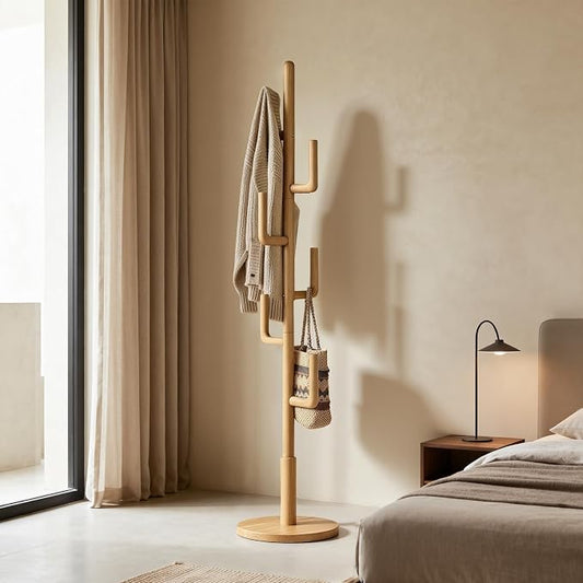 Coat Rack,Solid Wood Cactus Freestanding Coat RackWith 6 L-Shaped Hooks and 3 Adjustable Sizes,Coat Tree for Bedroom, Entryway, Livingroom, Coat Hanger Stand for Coats, Handbags (Natural)