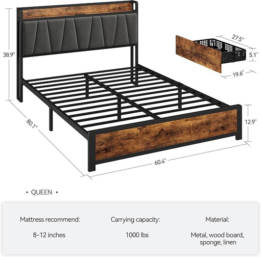 GAOMON Queen Size Bed Frame with Storage Linen Upholstered Headboard, 4 Drawers Platform Bed Frame with Charging Station, No Box Spring Needed, Easy Assembly, Vintage Brown