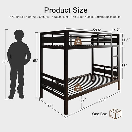Einhomn Bunk Bed Twin Over Twin, Heavy Duty Metal Bed with Ladder and Full-Length Guardrail, Under-Bed Storage Space, No Box Spring Needed, Noise Free, Black