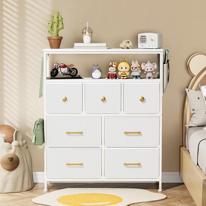 Dresser TV Stand with Power Outlets and LED Lights, 7 Drawers Dresser with Side Pocket, Fabric Chest of Drawers with PU Finish, Sturdy Frame & Wood Top (White)