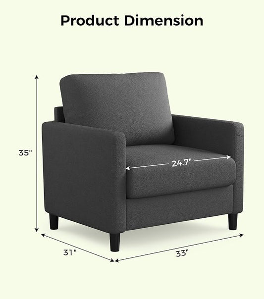 Welzona Sofa Accent Chair, 33" Reading Chair for Bedroom, Tool-Free Setup Living Room Accent Chairs, Comfy Arm Chairs Living Room, All-Wood Reading Nook, Grey