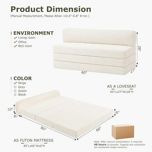 Convertible Sofa Bed, Boneless Loveseat with Removable Cushions & Washable Corduroy Cover, Futon Sofa Bed with Handle, Pull Out Couch for Small Spaces, Full Size, Beige
