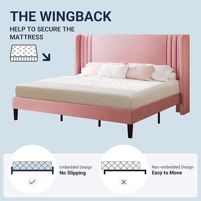 Allewie King Size Velvet Platform Bed Frame with Vertical Tufted Wingback Headboard, Easy Assembly, Under Bed Storage, No Box Spring Required, Modern Style, Pink