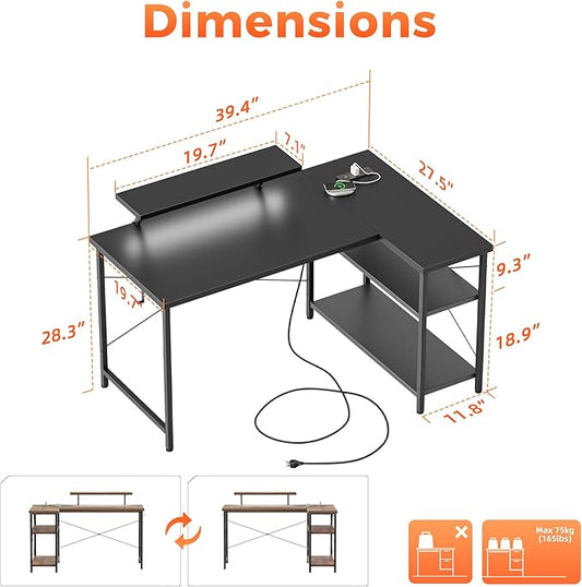 Mericonia Small L Shaped Computer Desk with Power Outlets, Reversible Gaming Desk with Storage Shelves & Monitor Stand, Corner Gamer Desk Table, Study Writing Table