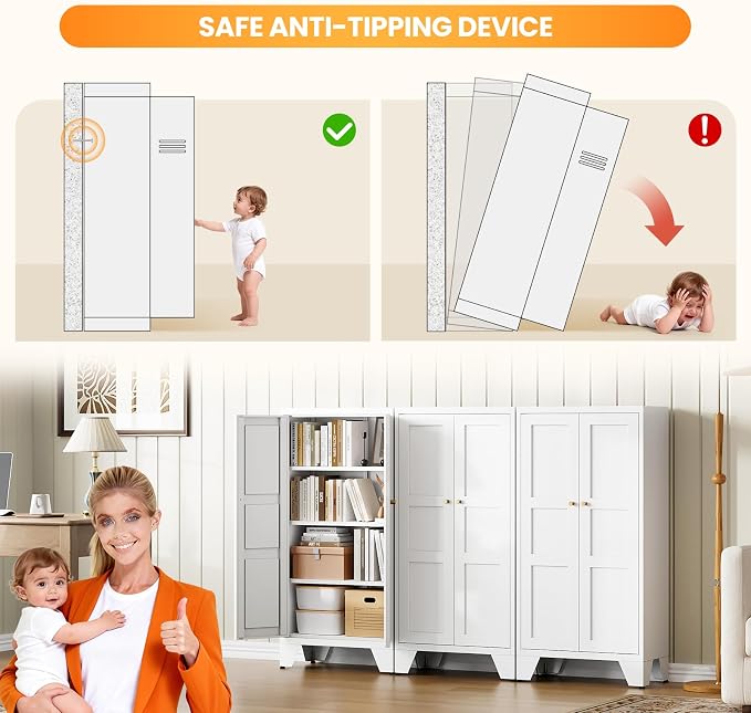 Metal White Storage Cabinet with 2 Doors and 3 Adjustable Shelves, 47.3" Tall Kitchen Pantry cabinets, Modern Food Pantry Cabinet,4 Tier Freestanding Framed Panel Door Cupboard for Kitchen Dining Room