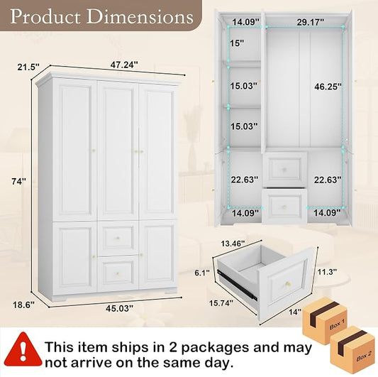 Armoire Wardrobe Closet with Drawers: 74" White Wardrobe Closet with 3 Doors, Tall Bedroom Armoires for Clothes, Wood Closets Cabinet for Hanging Clothes (47")