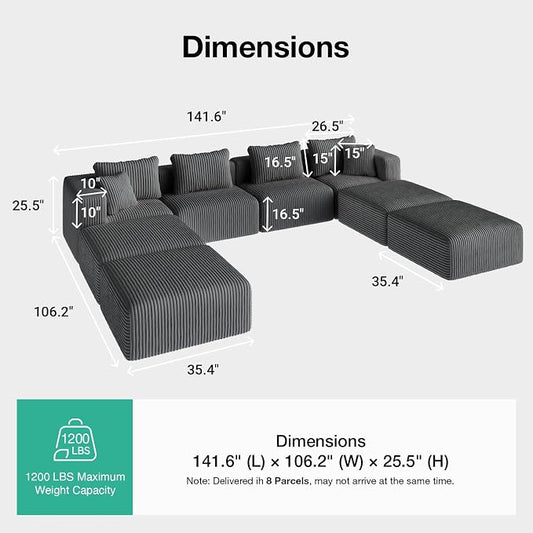Novilla 141" Modular Sectional Sofa, Modern Cloud Sectional Couch with Smarts Coil® Support, U-Shape Boneless Couch for Living Room Apartments, No Assembly Required, Dark Gray (4 Seat w/ 4 Ottoman)