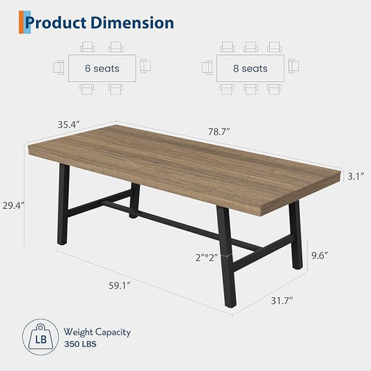GarveeHome Industrial Dining Table for 6-8 People, 78.7" Long Kitchen Table with Sturdy Metal Frame, Rectangular Counter for Dinner, Kitchen, Dining Room (Rustic Pear, 79" Non-extendable)