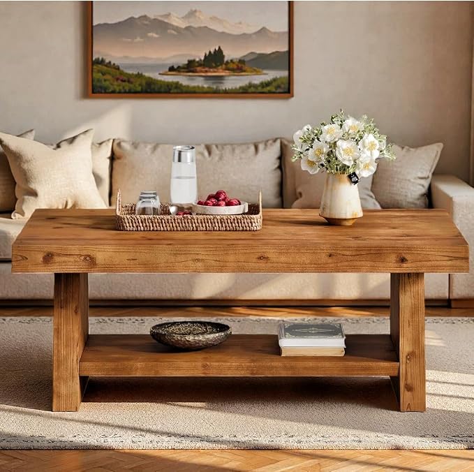 Solid Wood Coffee Table, 47-Inch Farmhouse Wooden Coffee Table for Living Room, 2-Tier Rectangular Center Table with Storage for Apartment, Home Office, Dark Brown