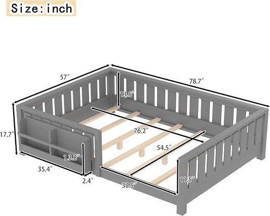 Bellemave Gray Montessori Floor Bed with Fence and Slats, Full Size Montessori Floor Bed with Bookcase and High Rails, Easy Assemble Bed Frame for Girls, Boys, Full