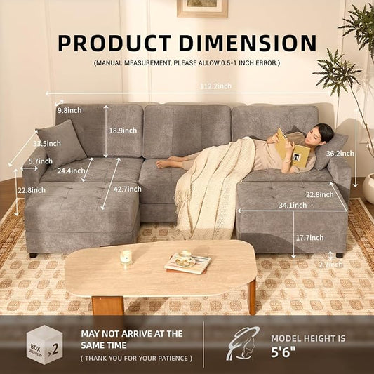 112" U Shaped Modular Cloud Sectional Couch, Waffle Fabric, Light Gray | Modular Deep Seat Sofa, Movable Ottoman, Pocket Spring Cushions, 2-Box Delivery, Living Room Lounge Use, Not Boneless