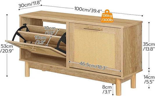 HOOBRO Shoe Storage Bench, Rattan Entryway Bench with 2 Flip Drawers, 39.4'' Hidden Shoe Cabinet with Adjustable Shelves, Comfort Seat Holds 300lb, Large Capacity Fits 8-12 Pairs, Natural NL51HX01