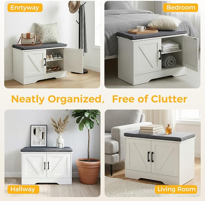 28" Shoe Bench, with Storage with Padded Seat Cushion, Modern 4-Door Shoe Cabinet with Adjustable Shelf for Entryway, Bedroom, Living Room, White