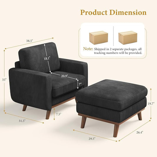 Vesgantti 38.5" Accent Chair with Movable Ottoman, Comfy Corduroy Armchair with Spring Cushion, Reading Chair with Ottoman, Modern Single Sofa for Living Room, Bedroom and Apartment, Black