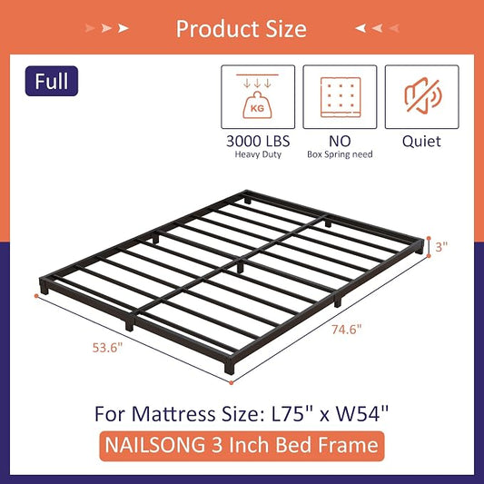 Nailsong 3 Inch Bed Frame Full Low Profile, Full Size Metal Bed Frame No Box Spring Needed, Heavy Duty Metal, Easy Assembly, Black