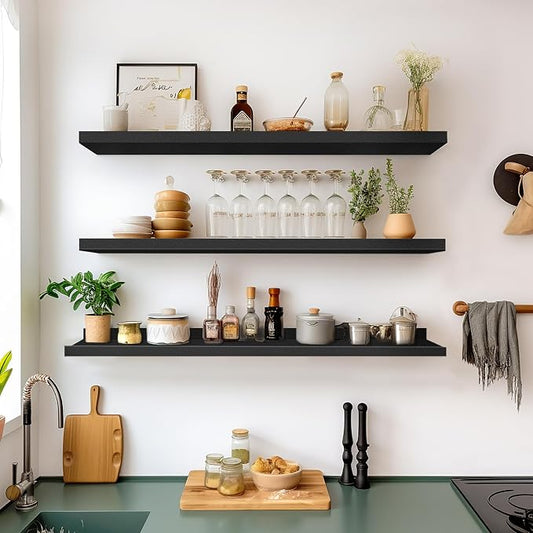 LaVie Home 35.4-Inch Black Floating Shelves for Wall Storage Set of 4 - Modern Minimalist Picture Ledge Shelf Wall Decor for Kitchen, Bedroom, Bathroom, and Living Room, Large Floating Shelves