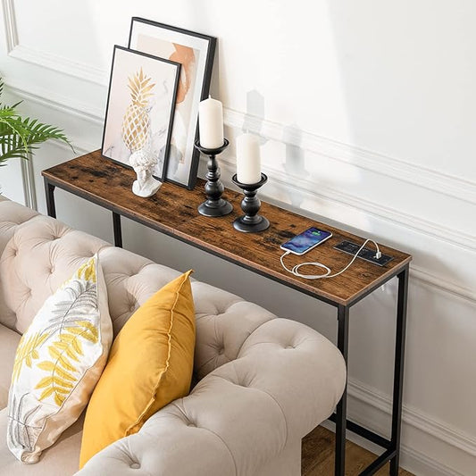HOOBRO 47.2" Console Table with Power Outlets and USB Ports, Sofa Narrow Entryway Table with Charging Station, Behind Couch Table, Hallway, Foyer, Living Room, Bedroom, Rustic Brown BF301XG01G1