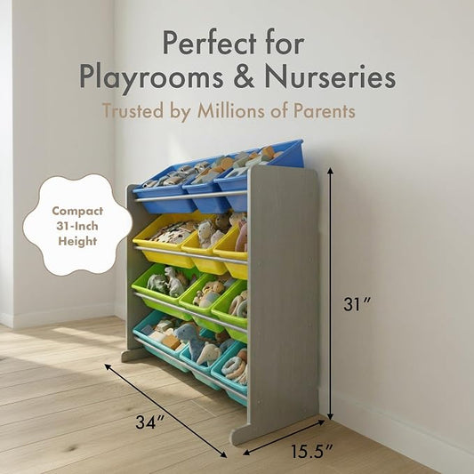 Humble Crew Toy Storage Organizer with 12 Removable Storage Bins for Kids Playroom, 4-Tier Toddler Toy Organization, Grey/Blue/Green/Yellow