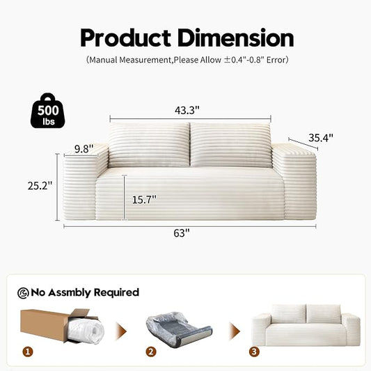 63" Loveseat Sofa,Modular Couch with Deep Seat Memory Foam,Comfy Small Cloud Couch for Small Spaces,No Assembly Required Sofa for Living Room Bedroom,Apartment,White