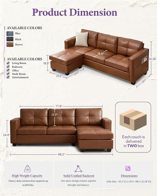 TYBOATLE Brown Sofa Couch Sectional Couches for Living Room, Comfy Faux Leather Modular Convertible L Shaped Sofas with USB & Ottoman, Leather Sectional with Side Pockets for RV Apartment Office