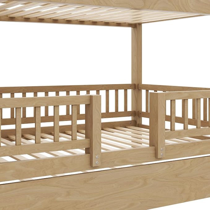 RUNNA Twin Over Twin Bunk Bed with Slide,Trundle,Storage Stairs,Walnut | Twin over twin bunk bed with slide,trundle,storage stairs,solid pine wood frame, guardrails,no box spring needed,walnut