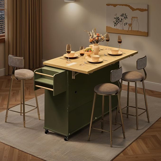 60.2" Kitchen Islands with Storage, Kitchen Island Cart with Trash Can Storage Cabinet, Rolling Kitchen Island Table with Drop Leaf & Power Outlet & Spice Rack & Towel Rack & Knife Holder, Green
