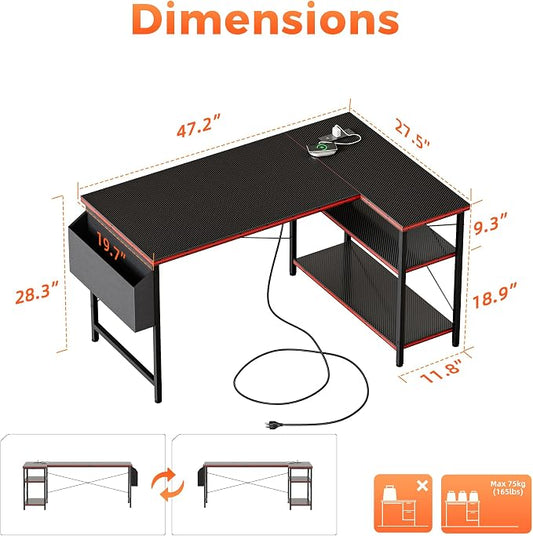 Mericonia Small L Shaped Computer Desk with Power Outlets, Reversible Gaming Desk with Storage Shelves, Corner Gamer Desk Table, Study Writing Table