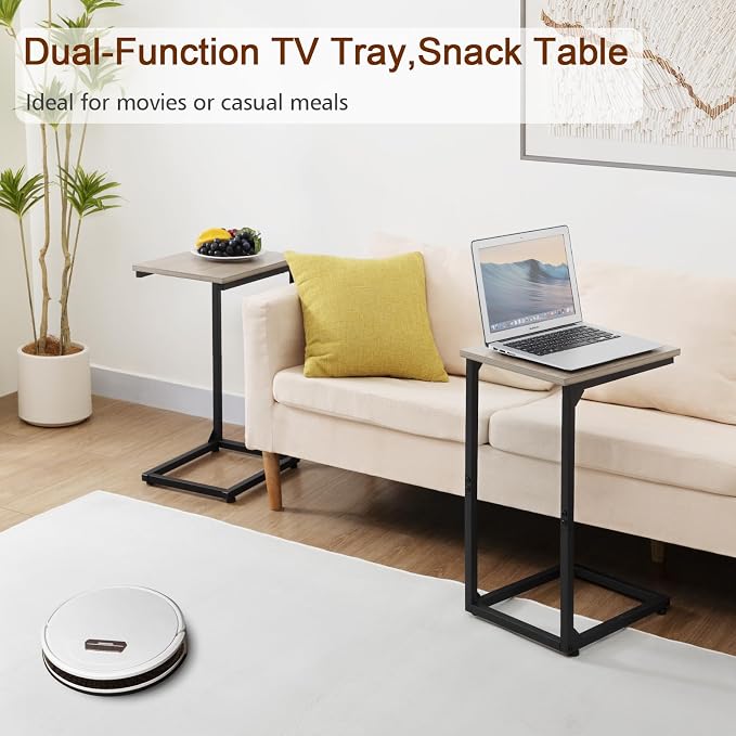 AMHANCIBLE C Shaped End Table Set of 2, Couch Side Table that Slide Under Sofa, Narrow Small Space TV Trays for Living Room, Bedroom, Greige HET02CGY