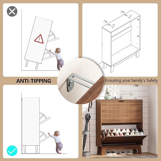 Shoe Cabinet Storage for Entryway with 2 Flip Drawers, Fluted Narrow Shoe Organizer with Wooden Legs, Freestanding Slim Shoe Storage Hidden Shoe Rack Organizer for Front Door Entrance, Walnut