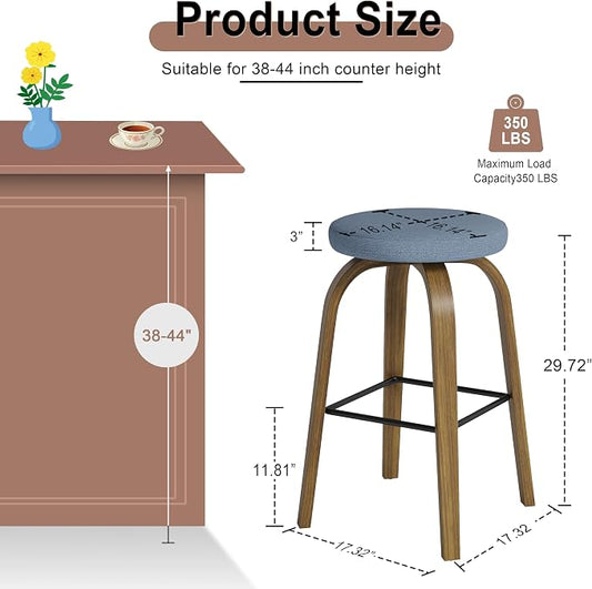 Bar Stools Set of 2, Counter Height Backless Bar Stools, 30" Swivel Barstools Kitchen Chair with Upholstered Fabric Seat, Blue
