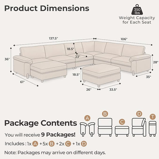 SITJOY Large Cloud Couch, 138" Wide 6 Seater V Shape, Faux Leather in Brown | Pet-Friendly Scratch-Resistant Leather Sectional Sofas for Living Room, Deep Seat Wide Couch with Chaise, Storage Ottoman