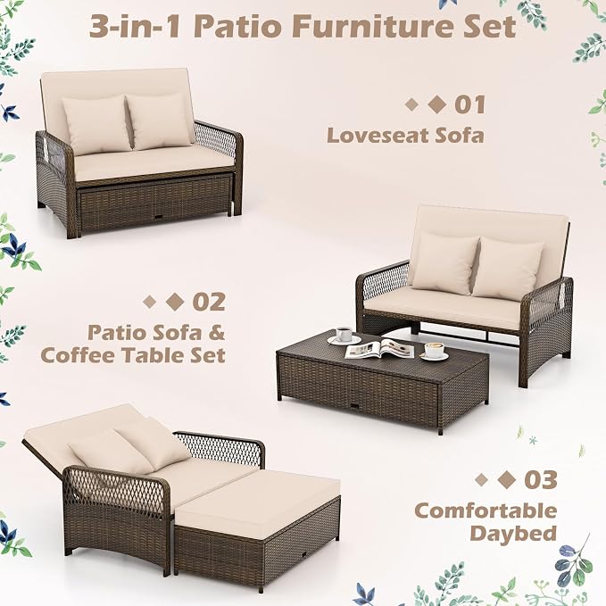 Tangkula Patio Rattan Daybed with 4-Level Adjustable Backrest, 2-Person Outdoor Wicker Loveseat with Storage Ottoman & Soft Cushions, Double Sunbed Lounger for Backyard, Porch, Poolside (Beige)