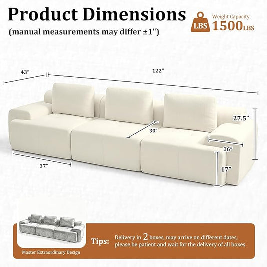 122" Oversized Boneless Couch, Comfort Cloud Sectional Couches for Living Room, Modular Sofa High Back & Extra Deep Seat, No Assembly, Soft Chenille Fabric (Warm White, 122 inch-(3+0))