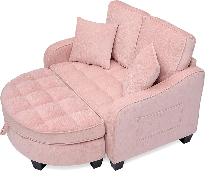 ERYE Chenille Tufted Loveseat Sofa and Ottoman Set, Tufted Recliner Sleeper Chaise Lounge with Curved Storage Ottoman,Reclining Backrest and Side Pockets, 4 Pillows