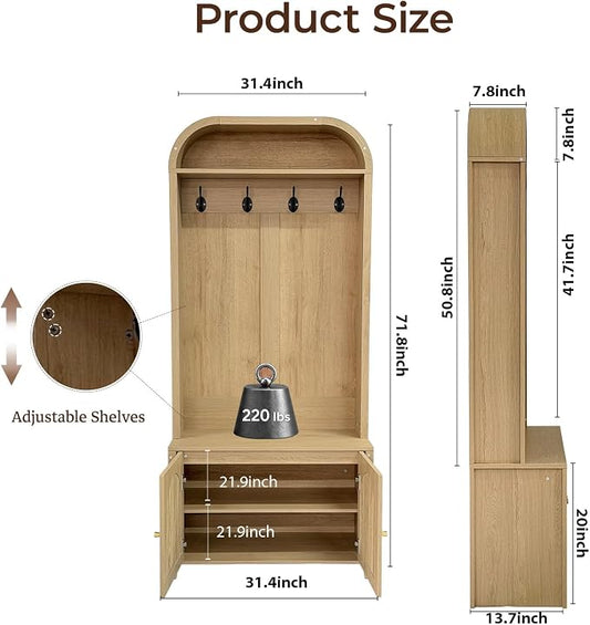 Narrow Entryway Hall Tree with Storage Bench, Modern Fluted Coat Rack and 2-Door Shoe Cabinet for Small Spaces, Arched Mudroom Organizer to Hide Clutter, Natural