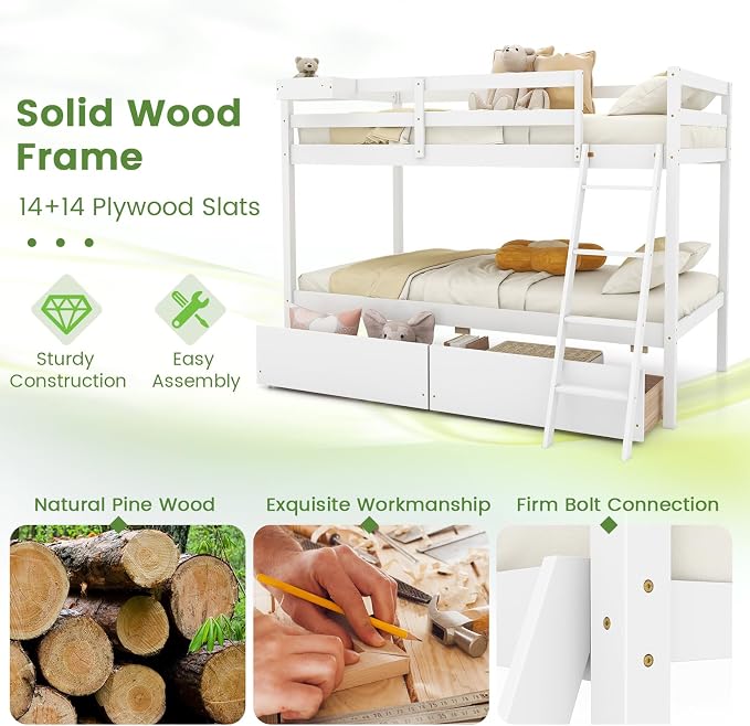 KOMFOTT Twin Over Twin Bunk Bed with 2 Roll-Out Drawers, Wood Bunk Bed Frame with Removable Storage Box, Bunk Bed with Ladder & Safety Guardrail for Dorm Apartment Home, No Box Spring Needed (White)