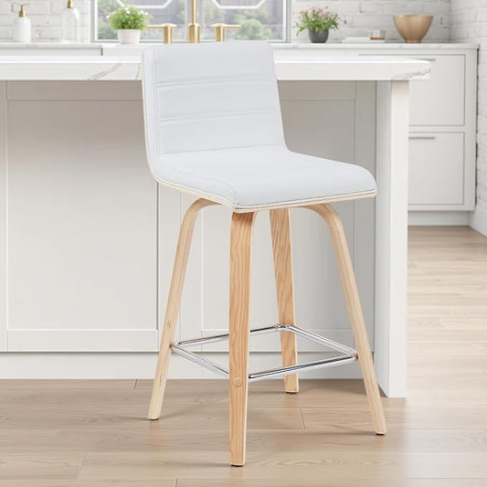 Armen Living Vienna Modern Swivel 26" Counter Height Barstool with White Faux Leather and Patterned Oak Wood Finish