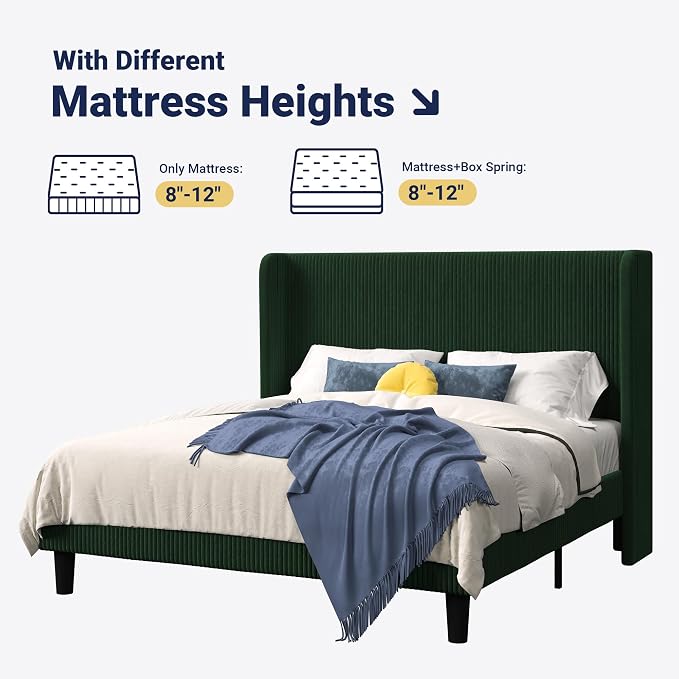 Allewie Full Size Bed Frame with Upholstered Wingback Headboard, Vertical Channel Tufted Corduroy Velvet Platform Bed, Strong Wooden Slats Support, No Box Spring Needed, Easy Assembly, Dark Green