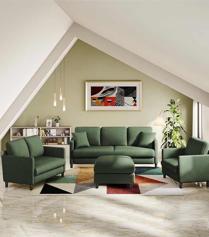 Welzona 83" Couches for Living Room, Teddy Sofa Couch with Storage Ottoman, L Shaped Couch with Movable Ottoman, Tool-Free Modular Sectional Sofa, All-Wood Sofas for Living Room with 2 Pillows, Green