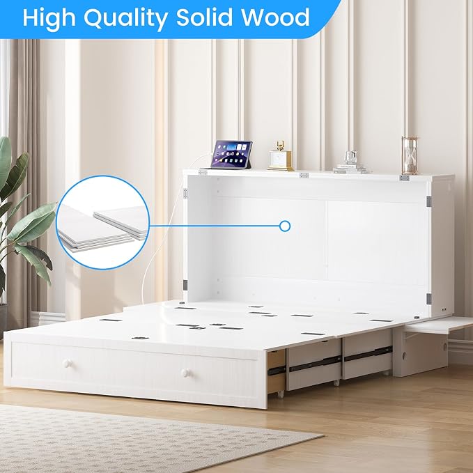 PUREMIND Queen Murphy Bed with Mattress Included, Murphy Cabinet Bed with Storage Drawer, Built-in Charging Station, Solid Wood Frame, Space-Saving Cabinet Beds for Small Spaces/Guest Room (White)