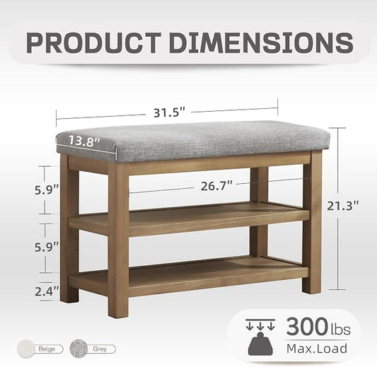 Zihanhome Shoe Rack Bench with Cushion, 2 Tier Solid Wood Storage Bench, Mid-Century Modern Shoe Bench for Entryway, Hallway, Closet, Front Door Entrance, Foyer (Grey, 31.5")