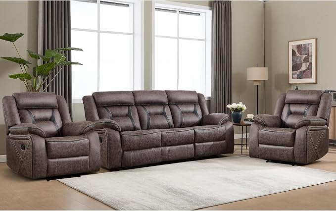 EBELLO Faux Leather Recliner Sofa Furniture Set for Living Room, 2 Recliner Chairs, 3 Seat Reclining Sofa Couch Set for Meeting Room, Grey
