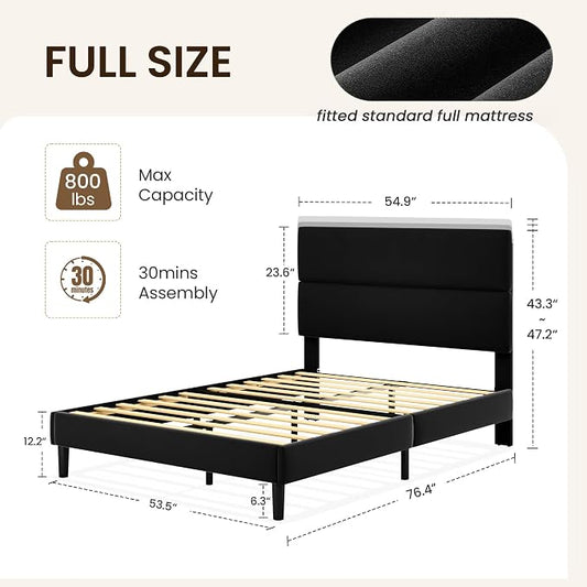 GRUSIGN Full Size Platform Bed Frame with Velvet Headboard, Adjustable Height Wooden Slats Support, Upholstered Mattress Foundation, Fits Mattress or Mattress with Box Spring, Easy Assembly, Black